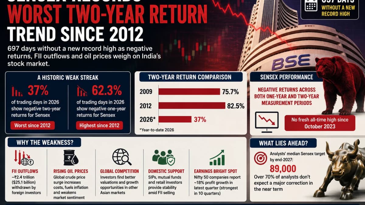 Sensex Records Worst Two-Year Return Trend Since 2012 as 697-Day Market Lull Tests Investors