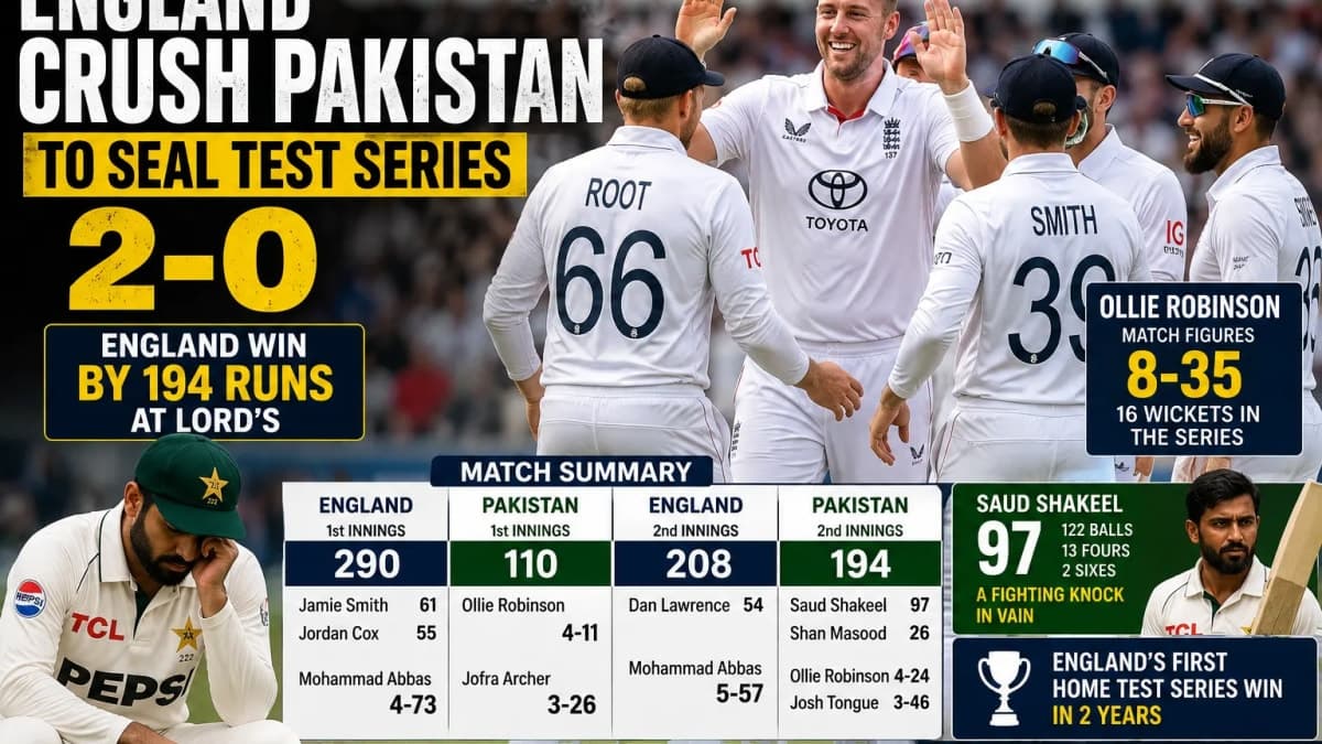 England Crush Pakistan by 194 Runs at Lord’s to Seal Test Series 2-0