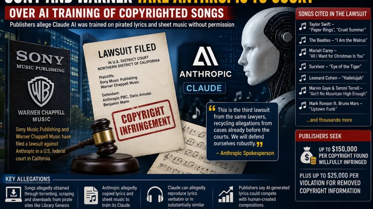 Sony, Warner Sue Anthropic Over Claude AI Training, Seek Up to $150,000 Per Copyright