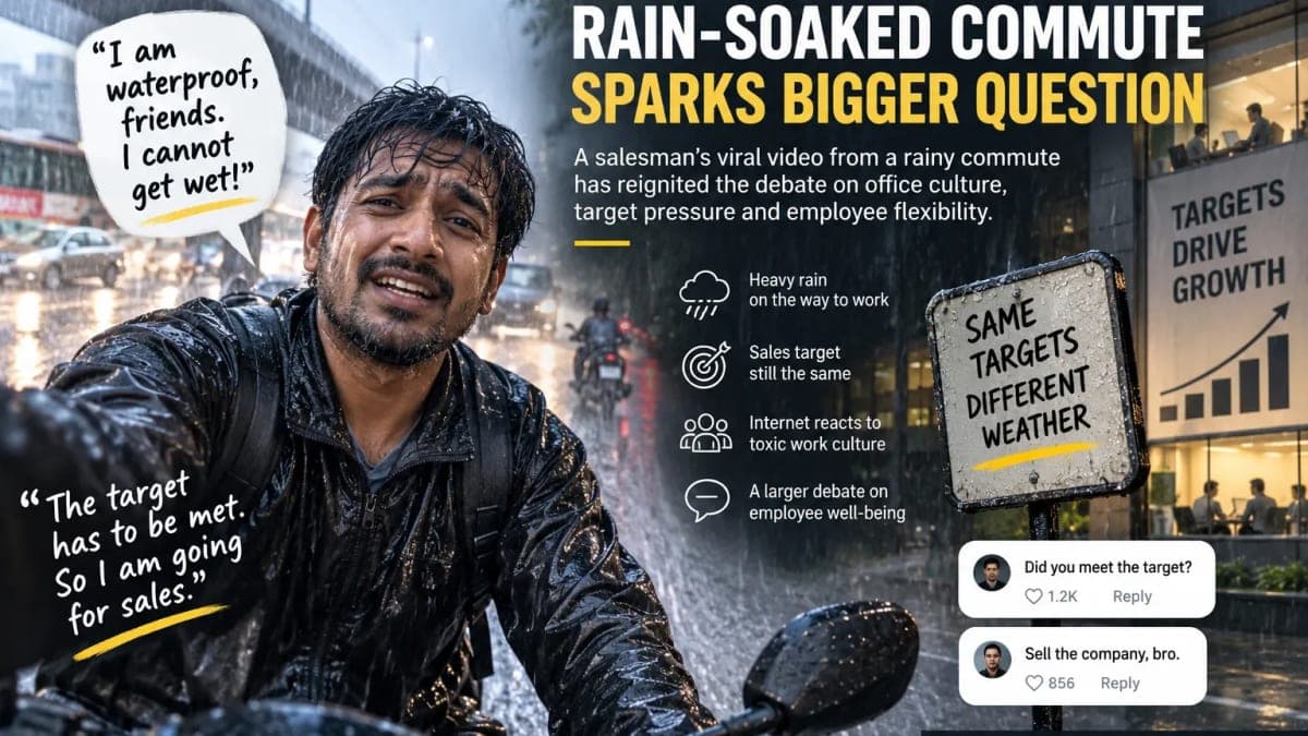 ‘I Am Waterproof’: Salesman Questions Work Culture While Commuting Through Heavy Rain