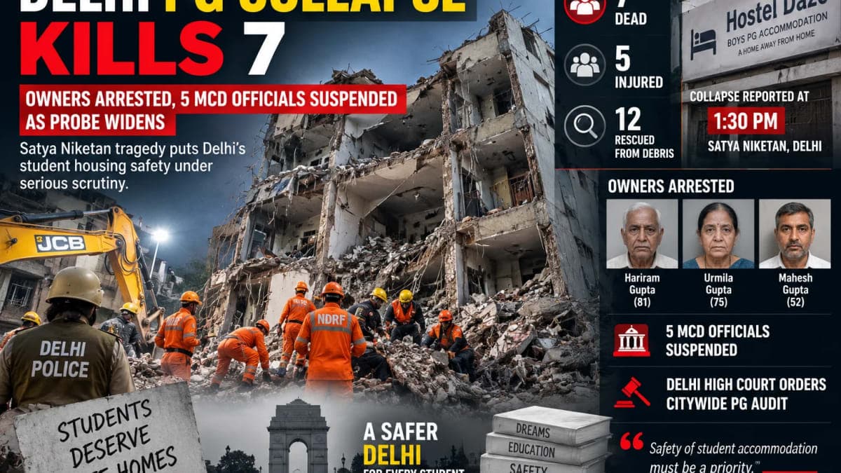 Delhi PG Collapse Kills 7: Owners Arrested, 5 MCD Officials Suspended as Probe Widens