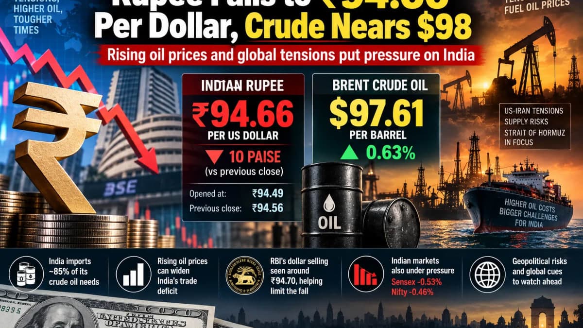 Rupee Falls to ₹94.66 Per Dollar as Crude Nears $98: Why It Matters for India