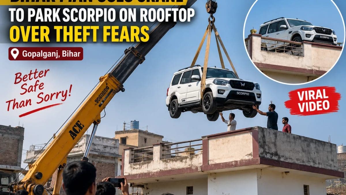Bihar Man Uses Crane to Park Scorpio on Rooftop Over Theft Fears, Video Goes Viral