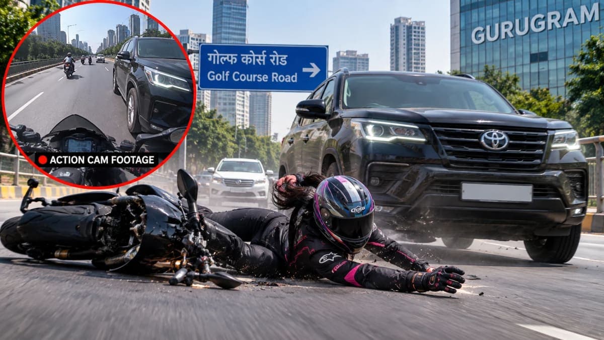 Woman Biker Knocked Off Motorcycle in Gurugram, Action-Cam Video Sparks Outrage; Police Begin Probe